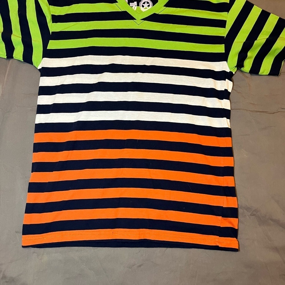 GO by Graphite Boys Large 14/16 V-Neck Striped T-Shirt Green Orange Navy White